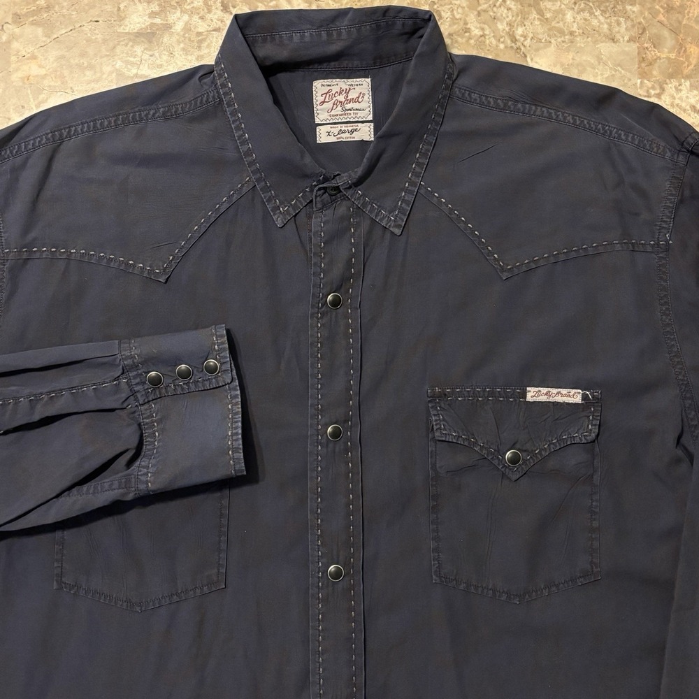 Lucky Brand Pearl Snap Shirt Mens XL Blue Oil Abstract Long Sleeve Western